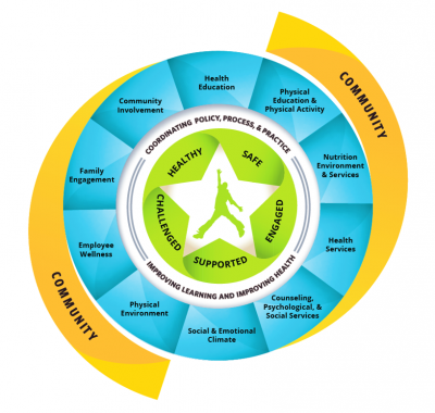 The Whole School, Whole Community, Whole Child model is the CDC’s integrated framework of health and learning. The child is at the center of the model and surrounded by three layers: coordination of policies, processes, and practices in schools; 10 components for organizing school practices; and finally, the community in which the school is situated.