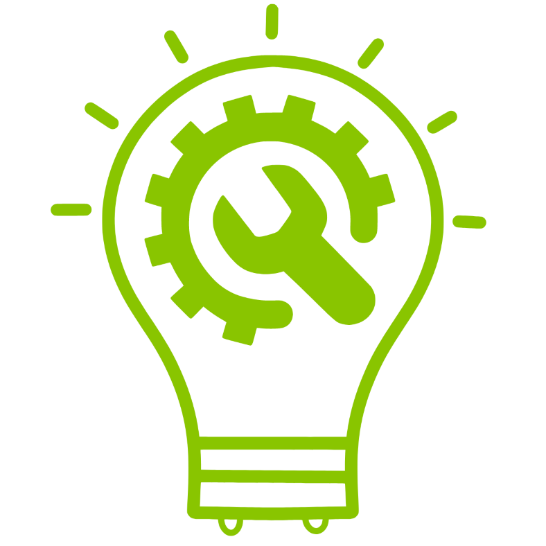 green lightbulb graphic with gear and wrench inside