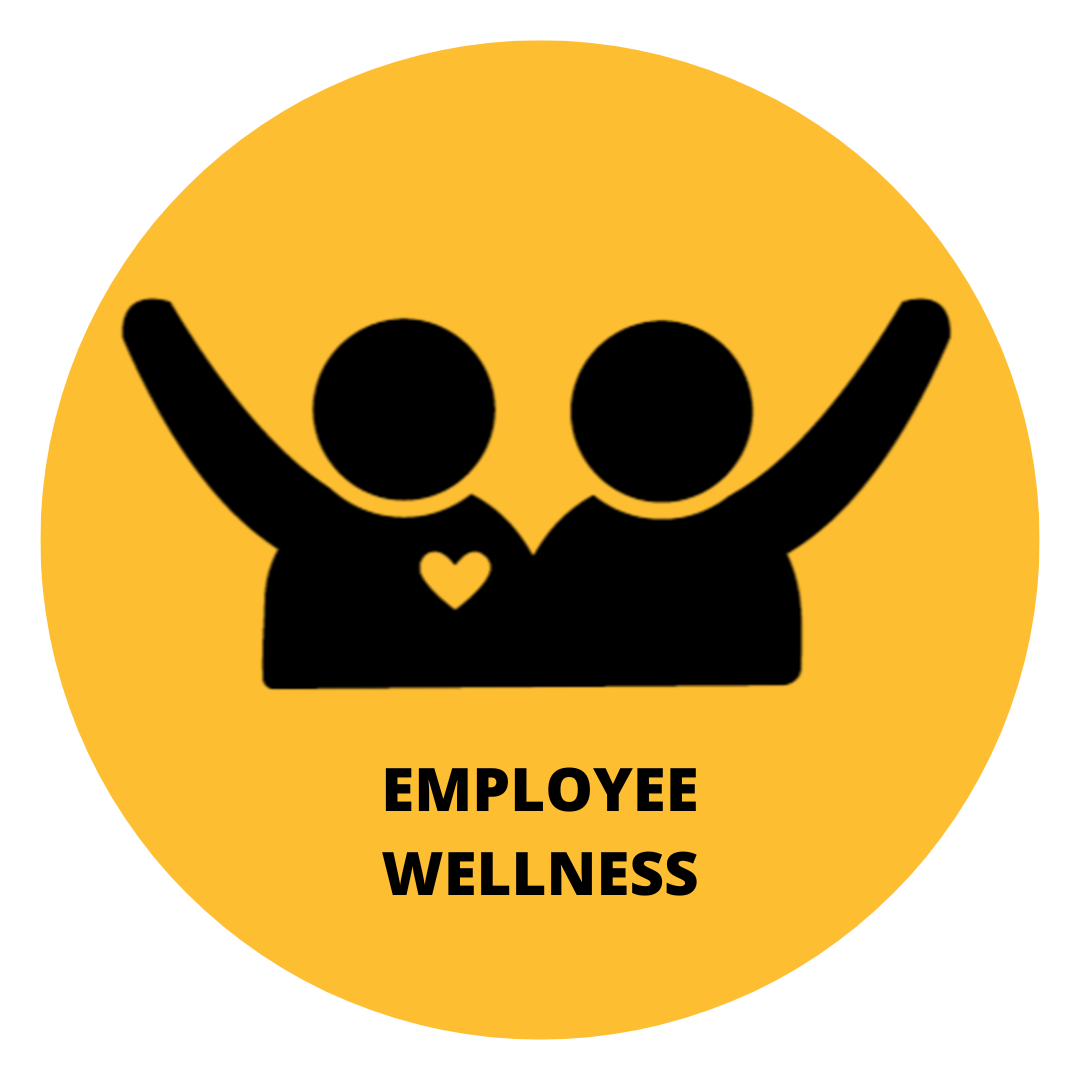 Gold circle background, with icon of two people next to each other with outside arms raised up. The figure on the left has a heart shape on chest. The words “Employee Wellness” are written underneath the icon.