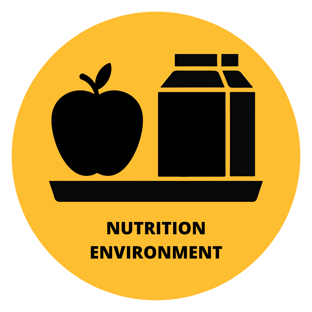Gold circle background, with icon of apple and milk carton on a tray. The words “Nutrition Environment” are written underneath the icon.