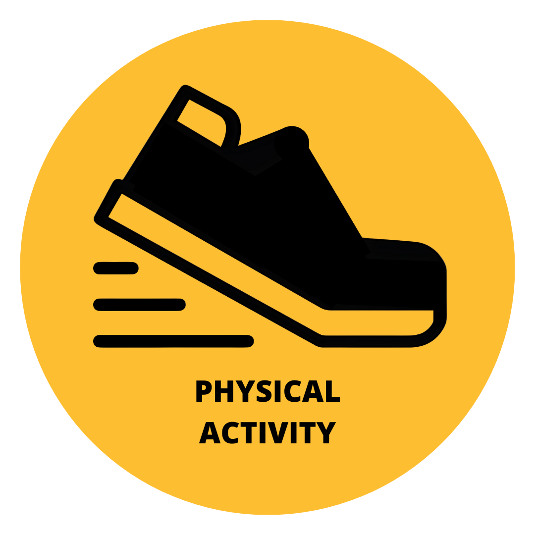 Gold circle background, with icon of sneaker running. The words “Physical Activity” are written underneath the icon.