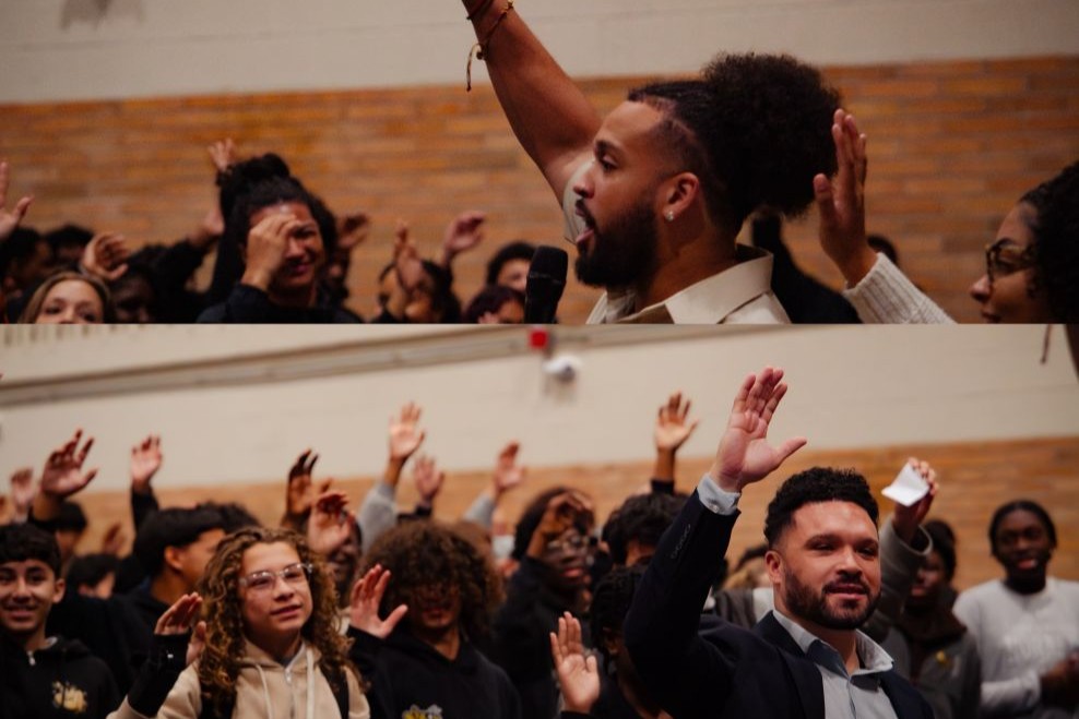 A collage of a group of students and a speaker raising their hands during school assembly.